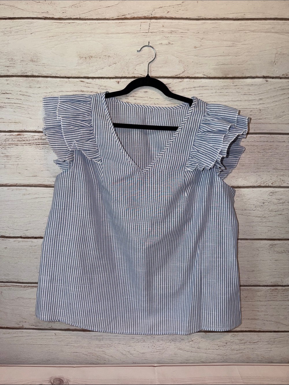 SHEIN Blue & White Striped Ruffle-Sleeve V-Neck Top 1XL